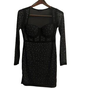 Iris Chic Black Long Sleeve Dress with Silver Accents, Medium